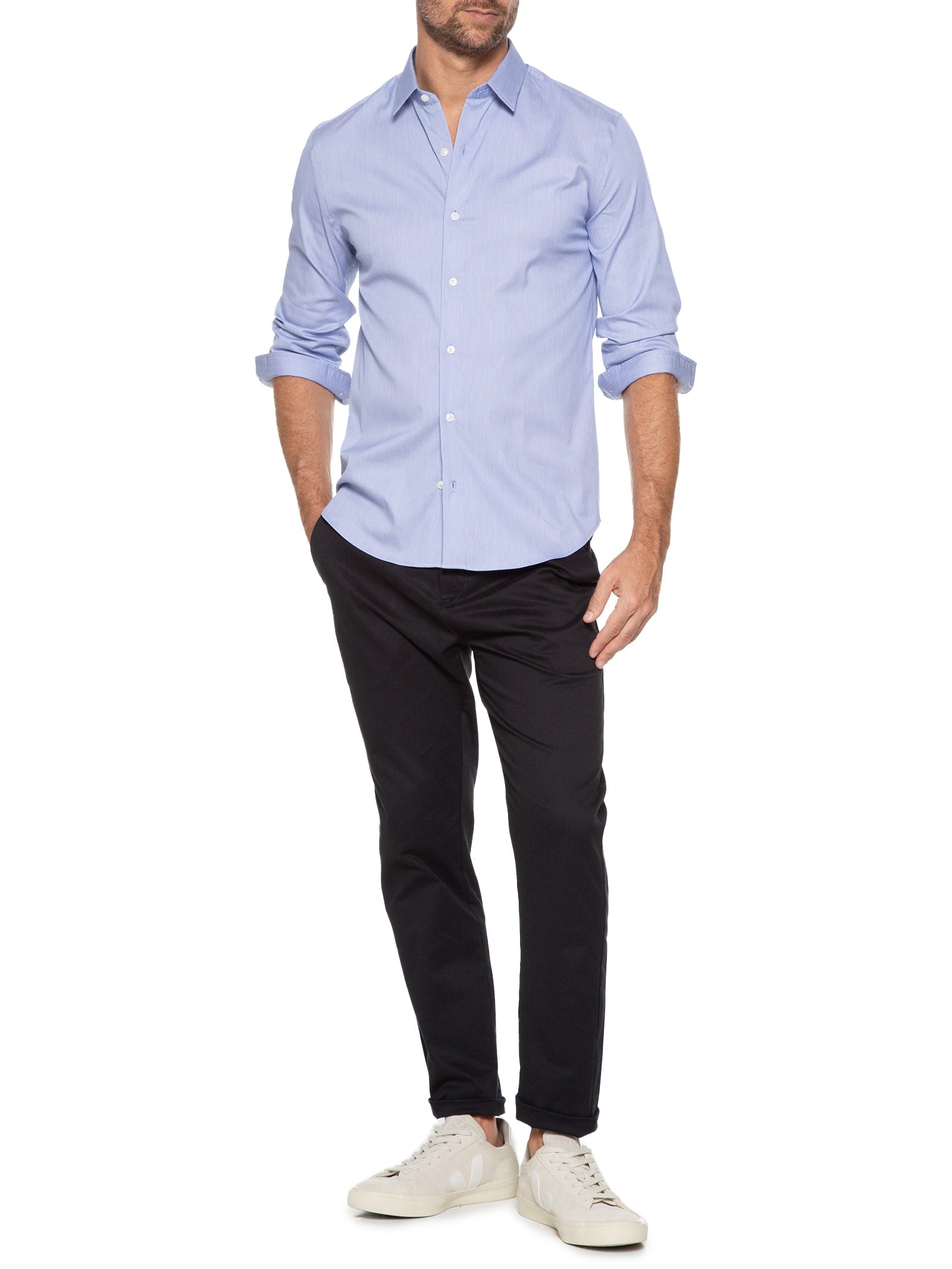 Camisa Masculina Paris Falso Liso Manga Longa - Azul